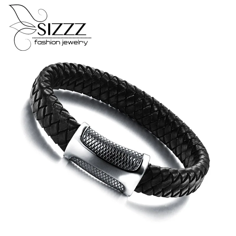 

SIZZZ 19.5cm Long 17mm Wide Europe and the United States tide men do not fade black leather bracelet for men
