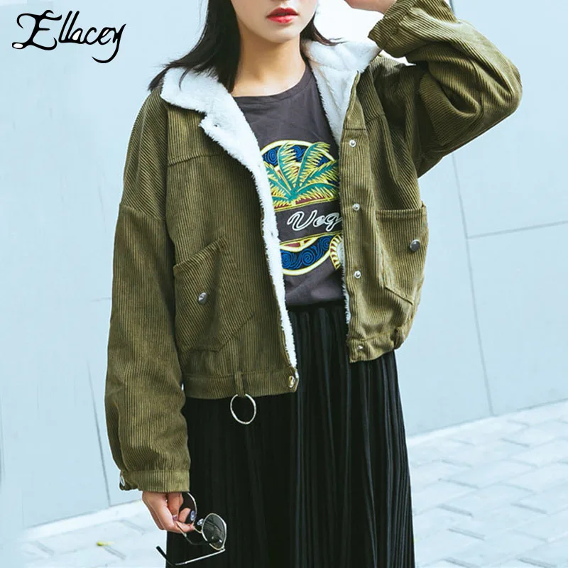 

Ellacey Autumn Winter Corduroy Jacket Female Student Casual Loose Short Jacket Women Plus Velvet Warm Coats Fashion Outerwear