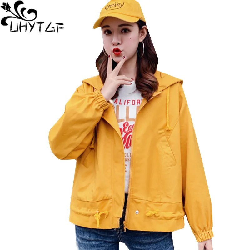 

UHYTGF Womens Jean jacket Hooded Spring Autumn jackets female Fashion student short outerwear Casual plus size denim jacket 129