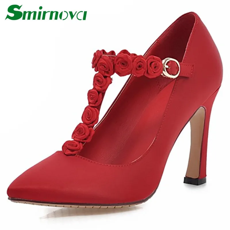 

2015 hot sale new arrive fashion T-wrap buckle strap large size 32-43 women pumps spike cone heels high quality wedding shoes