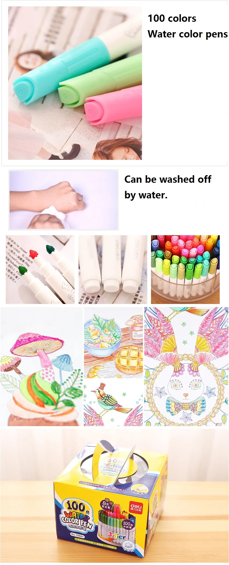 100 цветов, водостойкие ручки, 3 слоя, дизайн торта, вращающаяся, моющаяся, для рисования, сделай сам, для детского творчества, класса, поставки Deli 70661