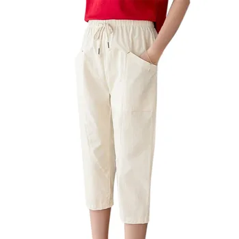 

Womens Spring/Summer Harem Pants Cotton Linen Solid Elastic waist Candy Colors Harem Trousers Soft high quality for Female ladys