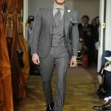 Новое поступление, серые полосатые смокинги друзей жениха, мужские свадебные костюмы для выпускного вечера, Жених(куртка+ брюки+ жилет+ галстук) K: 726