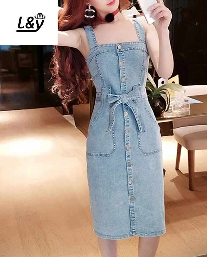 

L&Y Single Breasted Jeans Dress Women Vestidos Vintage Fashion Square Neck Pocket Bow Sexy Slit Slim Ladies Denim Dress Summer