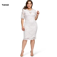 TUHAO размера плюс 5xl 4xl женские элегантные вечерние платья для офиса летнее облегающее белое кружевное платье с коротким рукавом YX01