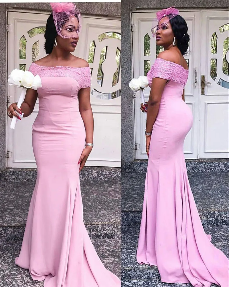 

Strapless Pink Mermaid Bridesmaid Dresses 2019 With Applique Lace Luxury Stain African Women Long Maid Of Honor Dress Party