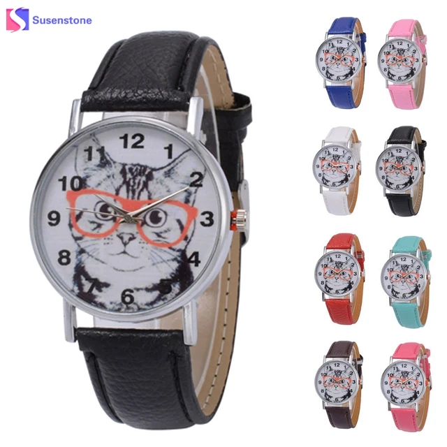 Fashion Unisex Leather Band Quartz Analog Wrist Watch Men Women Cute Cat Print R Fashion Unisex Leather Band Quartz Analog Wrist Watch Men Women Cute Cat Print R