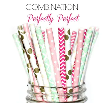 

100pcs Mixed Colors PERFECTLY PERFECT PARTY Paper Straws,Mint Damask,Gold Polka Dot,Deep Pink Chevron,Baby Pink Swiss Dot,Retro