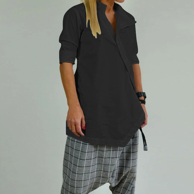 Celmia Women Vintage Linen Blouses Asymmetric Hem Tunic Tops Casual Female Blusas Long Sleeve Button Down Loose Shirts Plus Size - Цвет: Черный