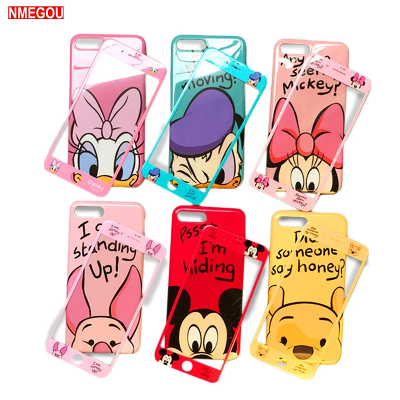 360 Full Cover Phone Case + Glass for IPhone XS Max X XR 8 7 6 S 6S Plus 7Plus Coque Winnie Pooh Women Cute Cartoon Shell Fundas