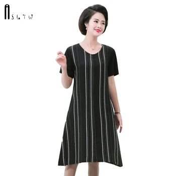 

ASLTW Summer Dress Women New Solid Short Sleeve Dress Women Vintage Vestidos Thin Plus Size Stripe Dress