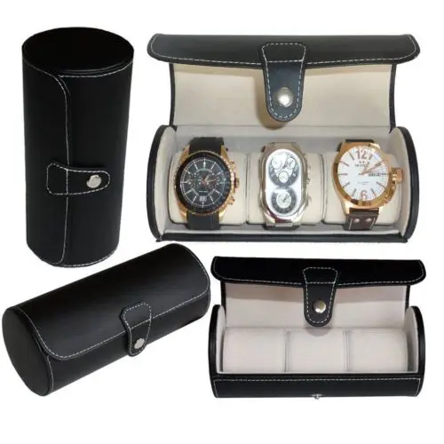 Luxury Black PU leather Roll Travel Watch Display and Storage Case Box For Wrist Watch Carrying Organizer 3 Grids with Pillows Jewelry Packaging