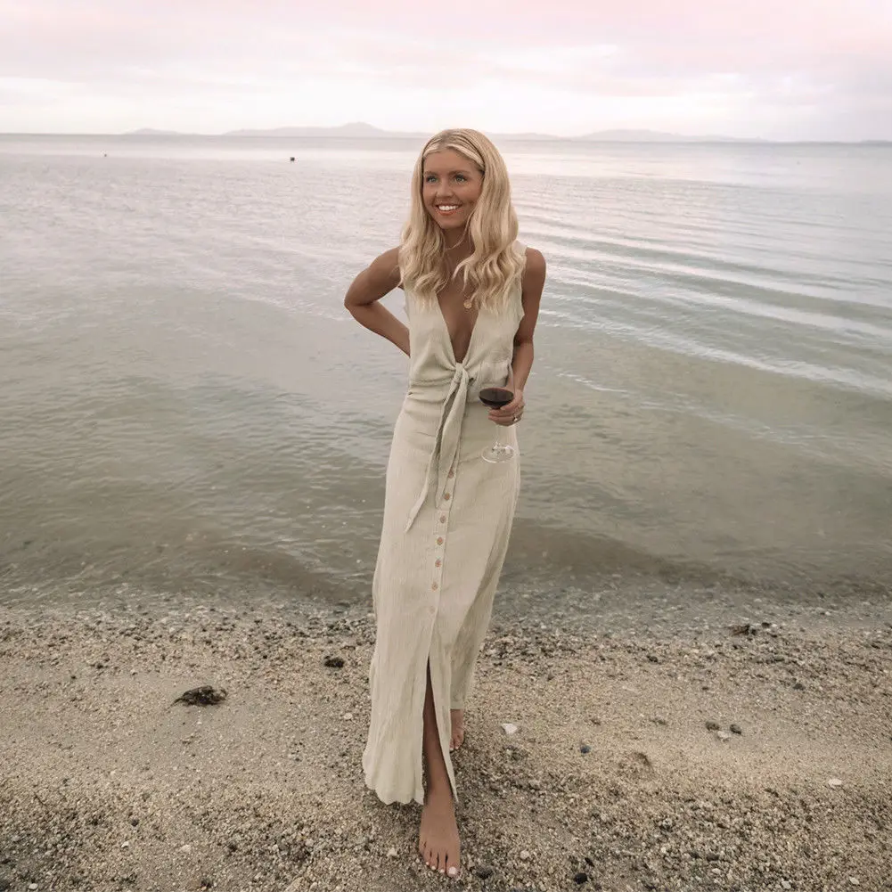 

Summer Women Deep V neck Dress Sleeveless Tie Front Dress Evening Party Dresses Summer Stylish bohemian beach long dress