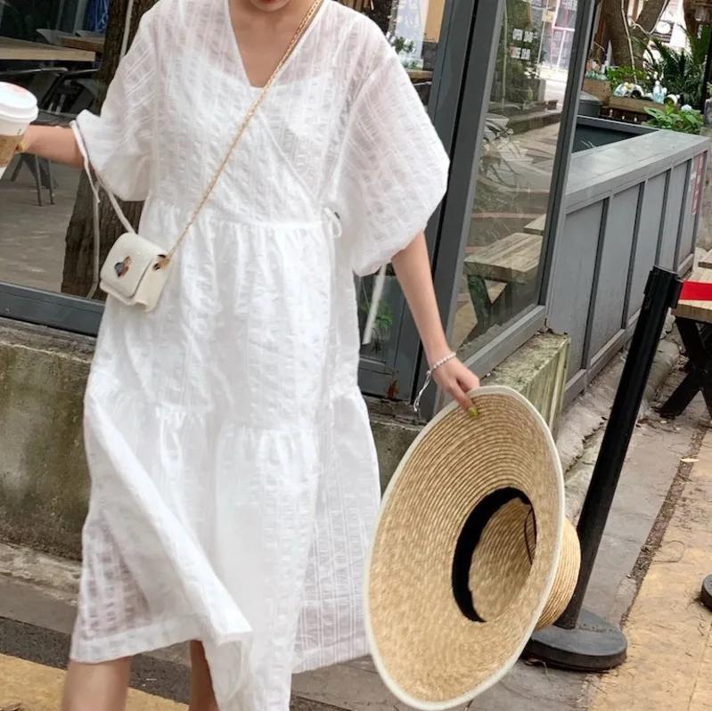 

[DEAT] 2019 Autumn New Fashion Women's High-quality Clothing Solid color half sleeve v-neck lace dress WI385