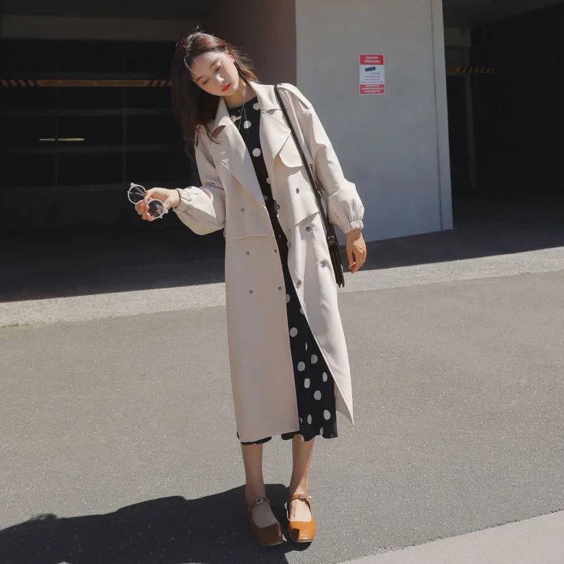 Pruning Feeling Ol Rice Apricot Double Buckling Belt Belt Suit Collared Windbreaker Jacket Women Spring 2019 Long Coat Woman