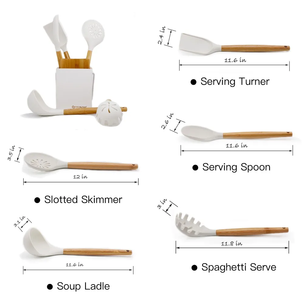 Набор кухонной утвари с держателем-Древесина бука и силикон термостойкая антипригарная кухонная утварь шумовка ложка половник CASASUNCO