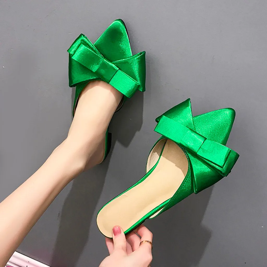 SAGACE/тапочки; женские модные простые однотонные Шелковые тапочки с острым носком; повседневные Летние Нескользящие сандалии; женская обувь без задника - Цвет: Green