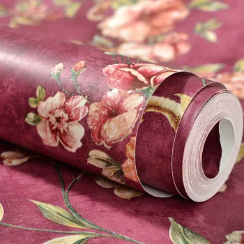 

American country retro red vertical big flower living room TV background wall paper bedroom bedside wallpaper