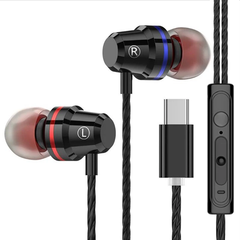 Type C Earphone Dynamic Drive HiFi USB-C Earbuds In-ear Bass Metal Sport Gaming Headset with Mic for Xiaomi Mi9T Huawei P30 Lite - Цвет: Black