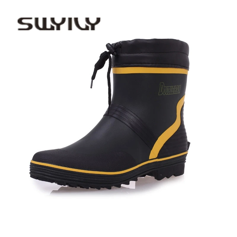 Baratos SWYIVY Rainboots zapatos hombres calidad Anti aceite botas de trabajo 2018 otoño invierno cálido calcetín Botas de lluvia impermeable de los pescados rainboots 46