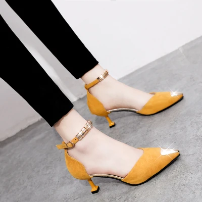 Новые летние женские тонкие туфли на высоком каблуке 6 см с острым закрытым носком корейские замшевые офисные туфли на полой подошве - Цвет: Yellow 6 cm