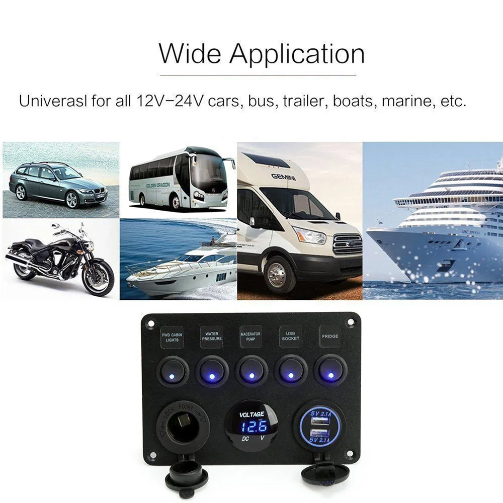 

LED Rocker Switch Panel Voltmeter Dual USB Socket Charger On - Off Switch Boat Marine Truck Inline Fuse Box