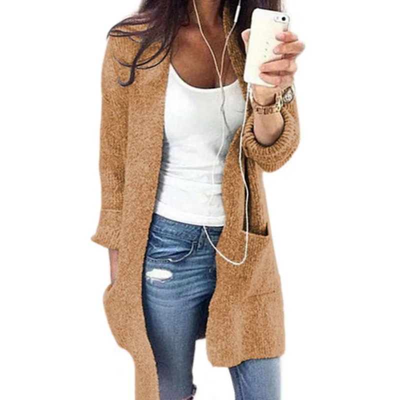 New Cotton Solid Cardigan Long Sleeve Knitted Sweater Women Open Stitch Casual Sweters Women Invierno 2019 Loose Cardigan Mujer