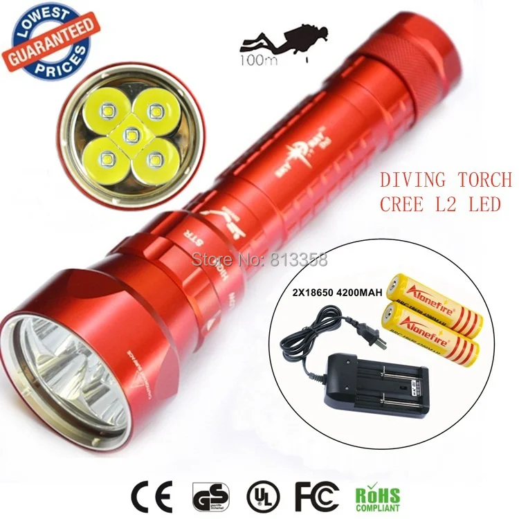 

SY-068 Diver 100m waterproof 5xCREE XML L2 led diving flashlight 8000LM torch magnetic switch lanterna+18650 battery+charger