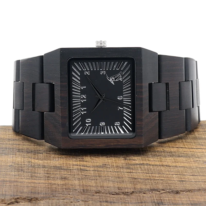 BOBO BIRD Ebony Wooden Rectangle Quartz Wrist Watch Mens Top Luxury Band with All Wooden Band in Gift Box relogio masculino