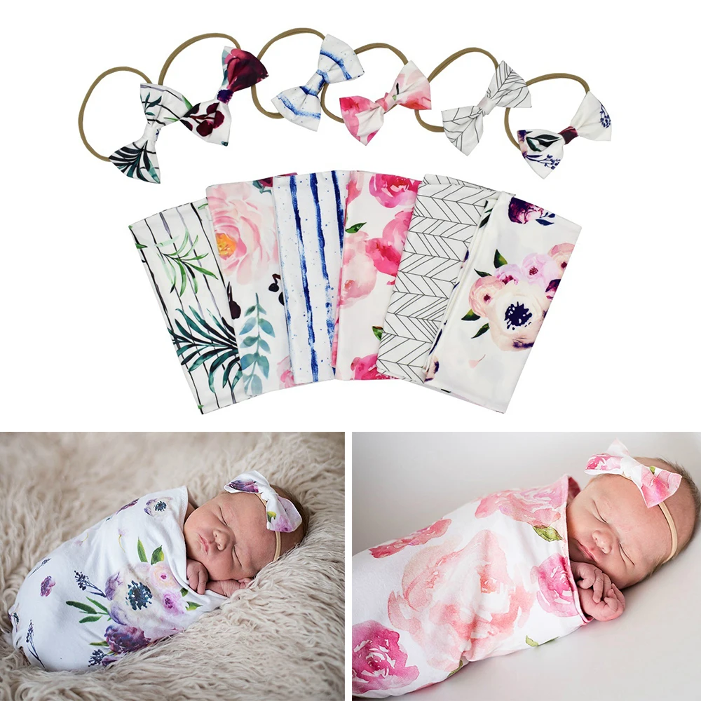 3-6 Months Baby Swaddle and Headband Set-Soft and Adjustable Pure Cotton Baby Swaddle Wrap Blanket & Baby Headband-Perfect Baby Shower Gift for Newborns Large ,Watermelon 