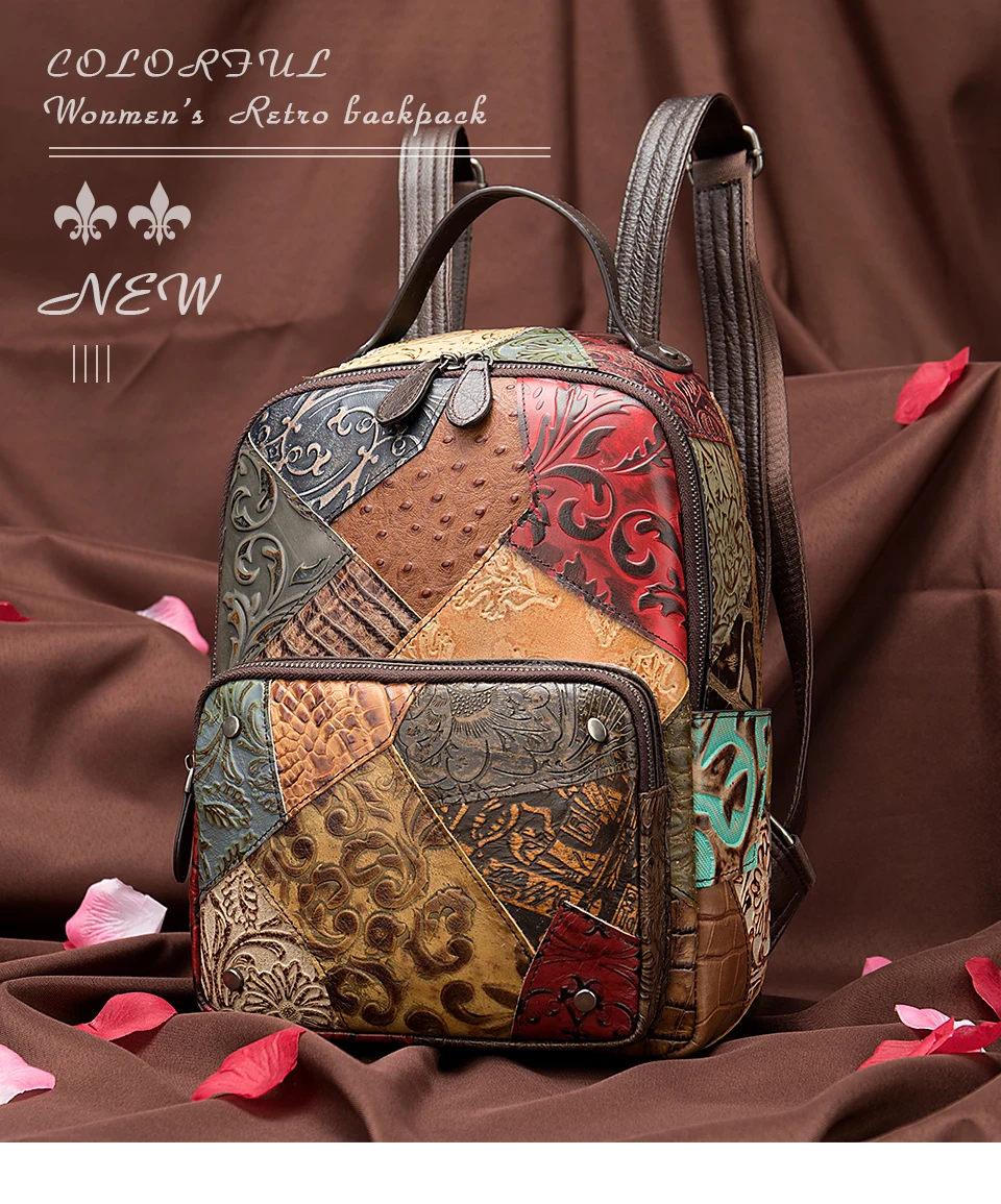 WESTAL винтажные женские рюкзаки из натуральной кожи с цветочным рисунком, школьная сумка для девочек на молнии, Женский школьный рюкзак в стиле пэчворк 86343