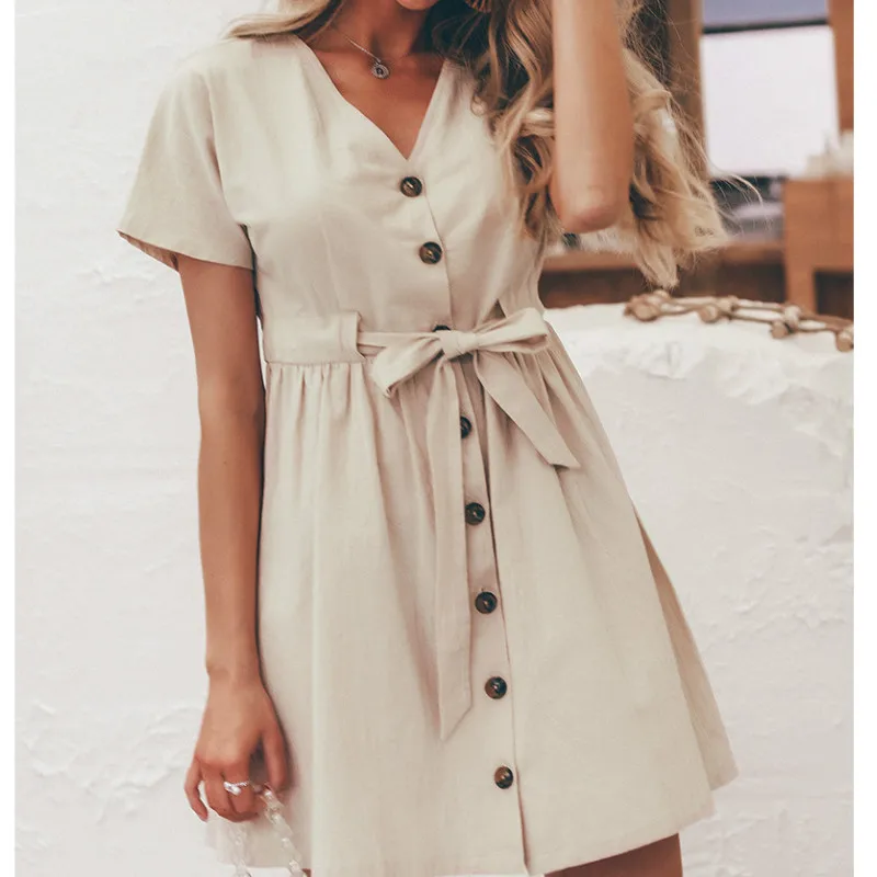 

Female Solid Casual OL Mini Dress 2019 New Women V Neck Design Buttons Short Sleeve Dress Sundress With Bow Belt