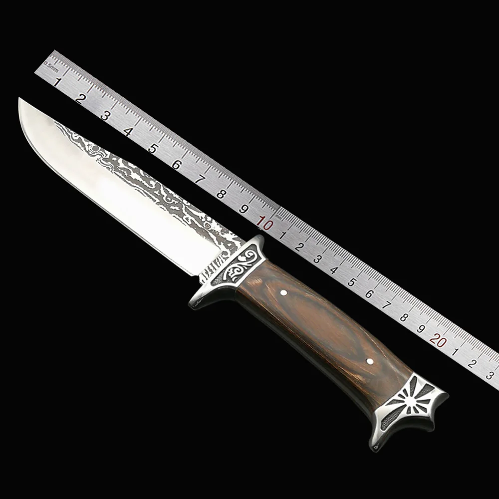 DuoClang ножи для выживания на открытом воздухе шлифовальный и КОРРОЗИОННЫЙ узор лезвие с деревянной ручкой Тактический охотничий нож с фиксированным лезвием