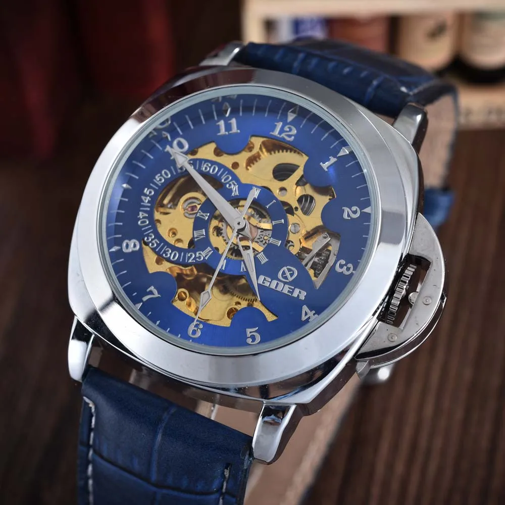 

GOER Blue Mechanical Skeleton Watch Leather Strap Automatic Self-wind Wrist Watches Men Wristwatch Relogio Masculino
