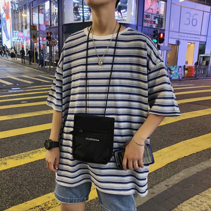 Лето, корейский стиль, мужская хлопковая одежда с круглым вырезом, цветная полосатая печать, короткий рукав, мужские футболки, большой размер, S-3XL - Цвет: blue