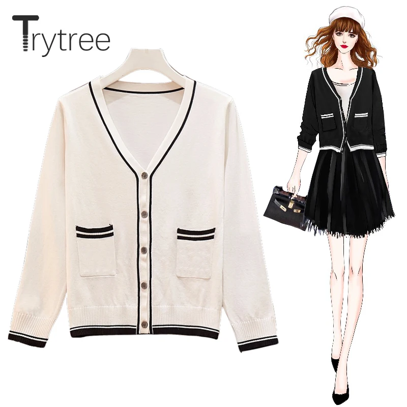 

Trytree Autumn Women Coat V-Neck Polyester Spandex Knitting Single Breasted Casual Pockets Buttons Jackets Office Lady Thin Tops