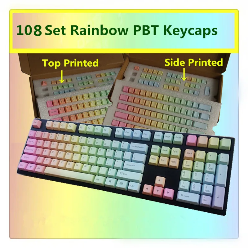

Rainbow Keycaps PBT Top/Side/Front Printed Cherry MX Key Caps For MX Switches Tenkeyless 87/104/108 Keys Mechanical Keyboards