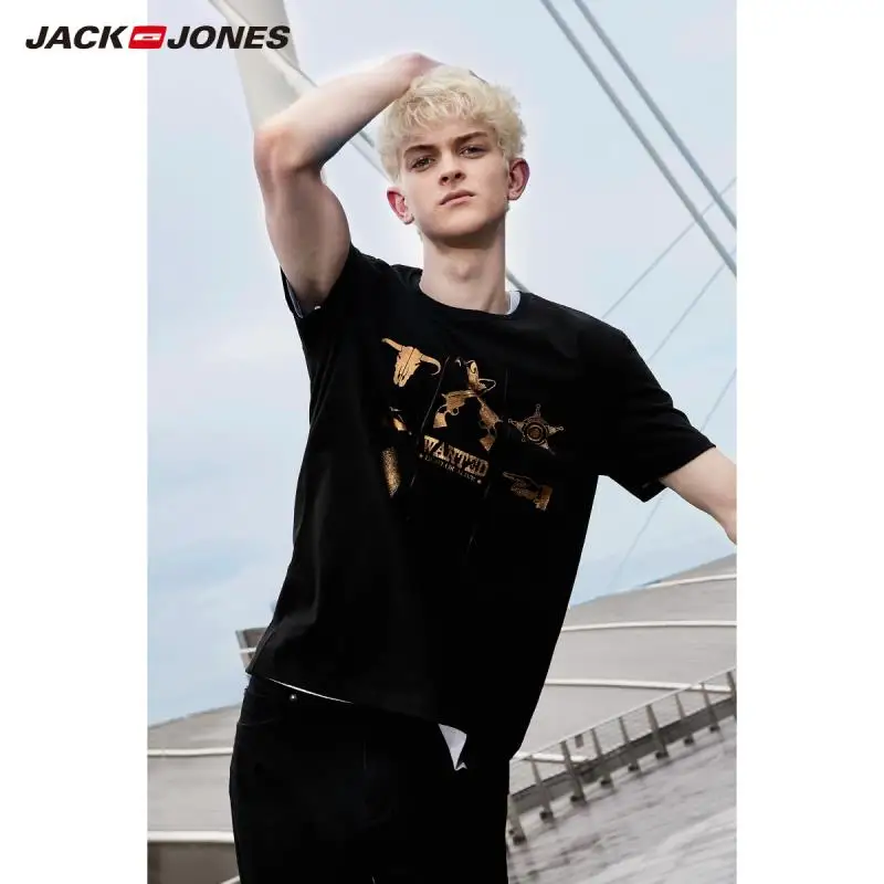 JackJones Мужская футболка из хлопка Удобная футболка с короткими рукавами и принтом 219201503