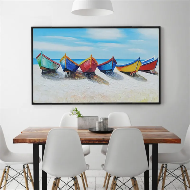 Пять парусных лодок морской пейзаж Ресторан Жилая картина для украшения помещений настенное Искусство Ручная роспись маслом