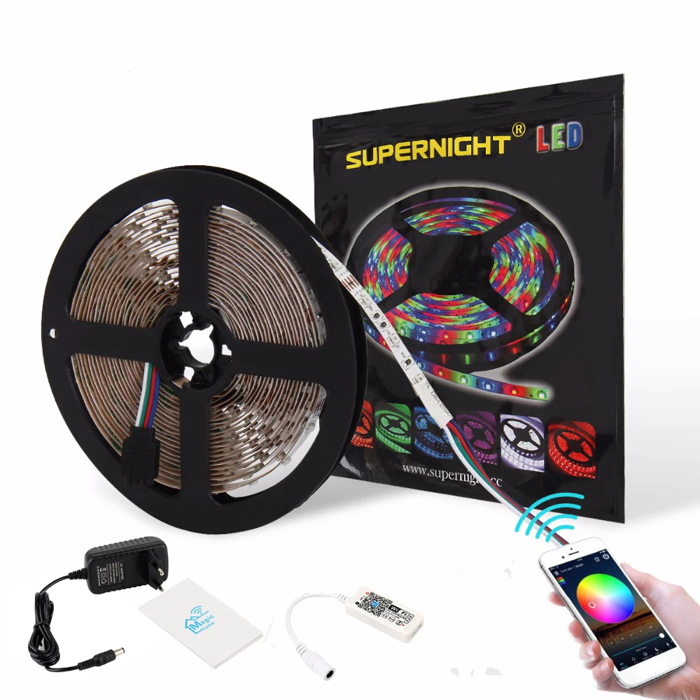 16 Million Colors LED Strip Kit 3528 5M 60LEDs/m DC 12V Flexible RGB LED Light Strip with Smart Music Timer APP Wifi Controller