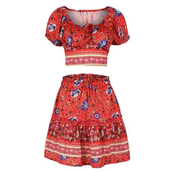 

Women Casual Two-Piece Set Summer Sweet Square Collar Print Floral Suits Tops Sweet Square Collar Playful Dress