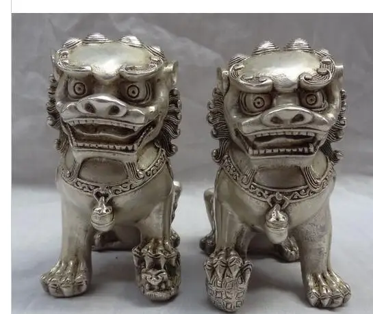 

decoration copper silver factory Chinese Silver FengShui Foo Fu Dog Animals BRASS Door Lion Ball Statue Pair