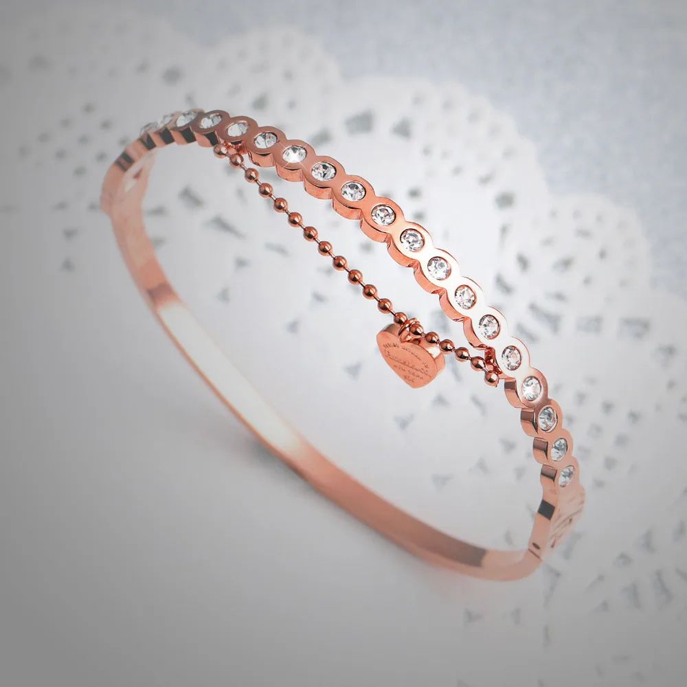 Браслет из нержавеющей стали с подвеской в виде сердца диаметром 16 см|rose gold