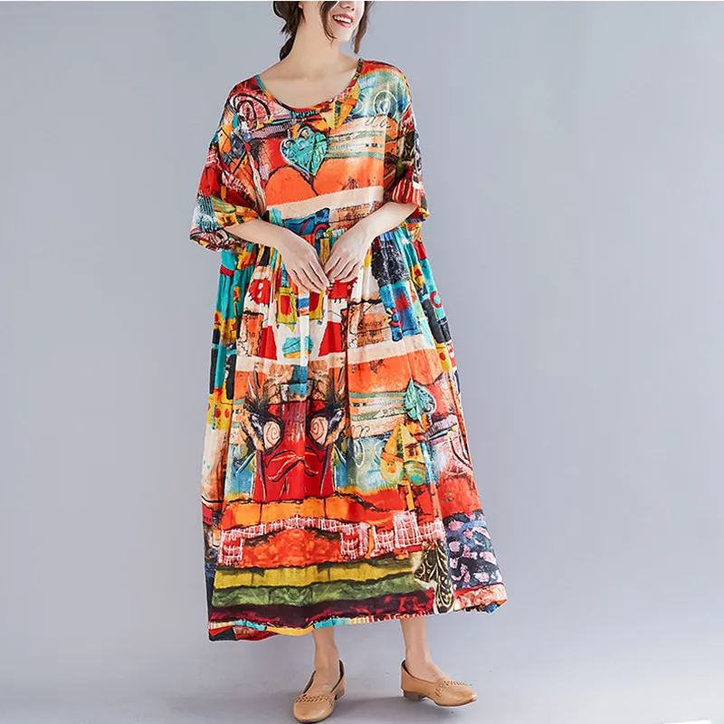 Johnature New Spring Summer Oversize Bohemia Casual Women Dresses Multi Color Print High Waist Long Dress - Цвет: Многоцветный