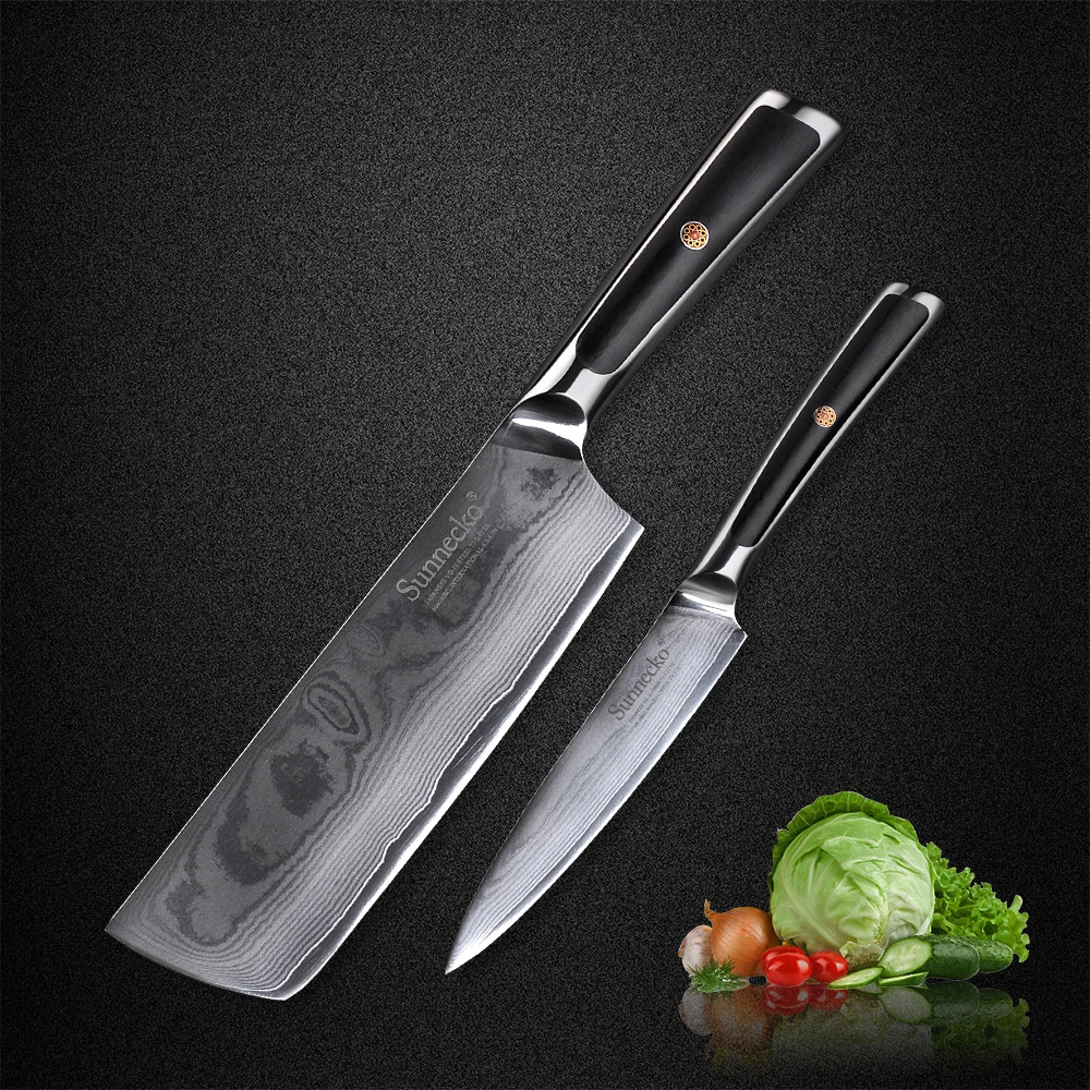 

SUNNECKO New 2PCS Kitchen Knives Set Japanese VG10 Core Damascus Steel Blade G10 Handle Strong Hardness Cleaver Utility Knife