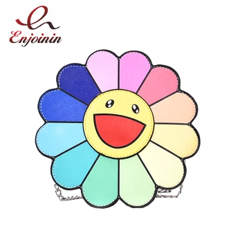 

Cute Fun Sun Flower Smiley Pattern Round ladies Shoulder Bags Chain Purse Crossbody Mini Messenger Bag Handbag Ladies Flap Bolsa
