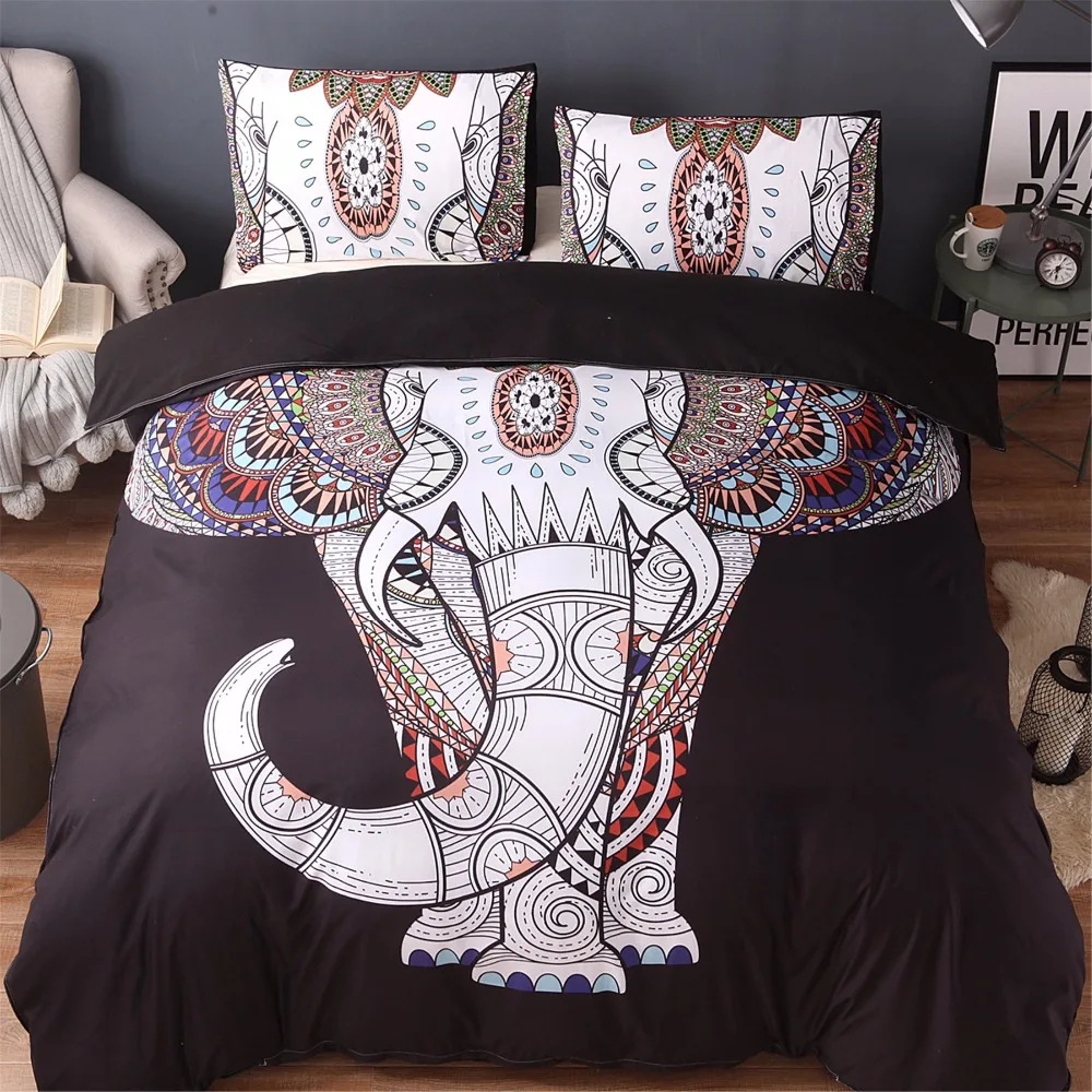 Fuya 3 Pieces 3d Elephant Black Bedding Set Bohemia King Duvet