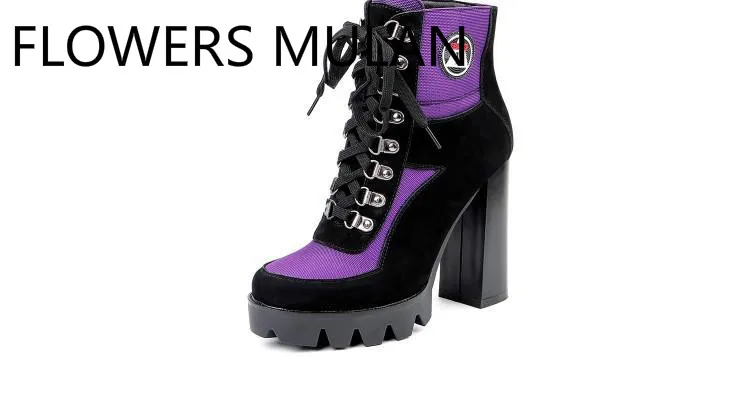 

Patchwork Mixed Color Fashion Martin Boots For Girl Purple Black Suede Winter Boots Women Rubber High Square Heel Shoes Lace Up