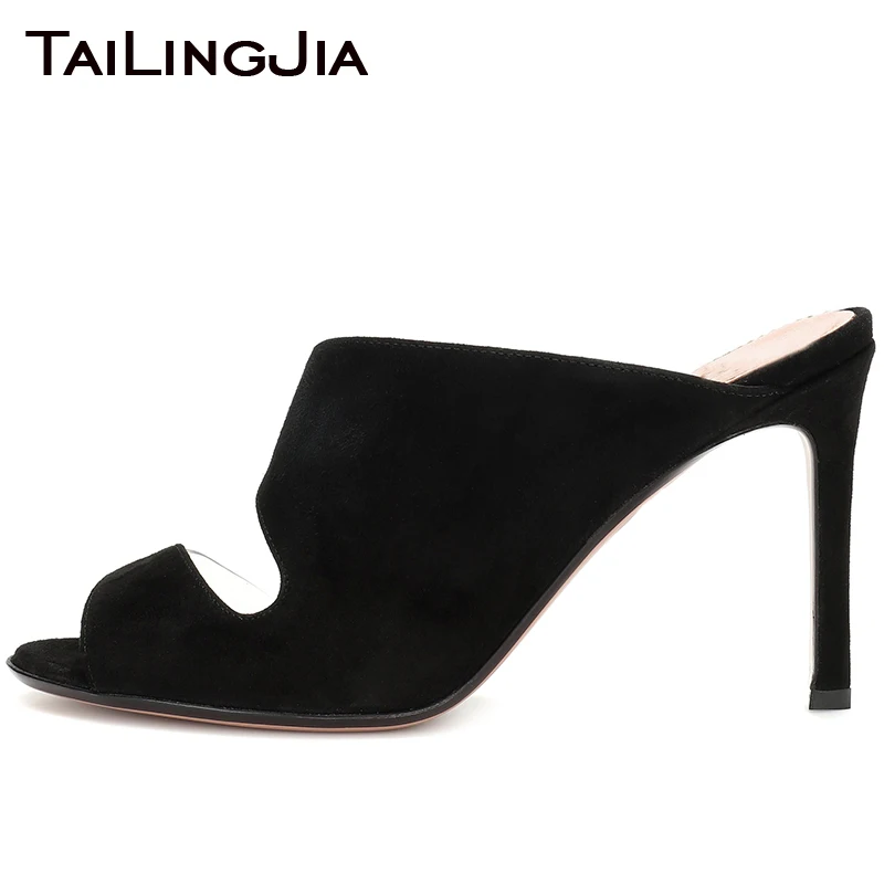 

Faux Suede Peep Toe Fashion Woman Sandals Summer High Heel Brand Clear Transparent PVC Mules Plus Size Free Shipping Wholesale