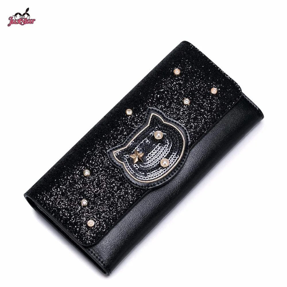ФОТО Just Star Brand Design Fashion Sequins Diamonds Pearls PU Women Leather Girls Ladies Long Wallets Cards Holder Purse Clutches